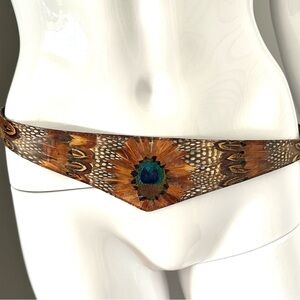 Peacock & Pheasant Feather Patterned Belt Vintage Sz M/L Adjustable